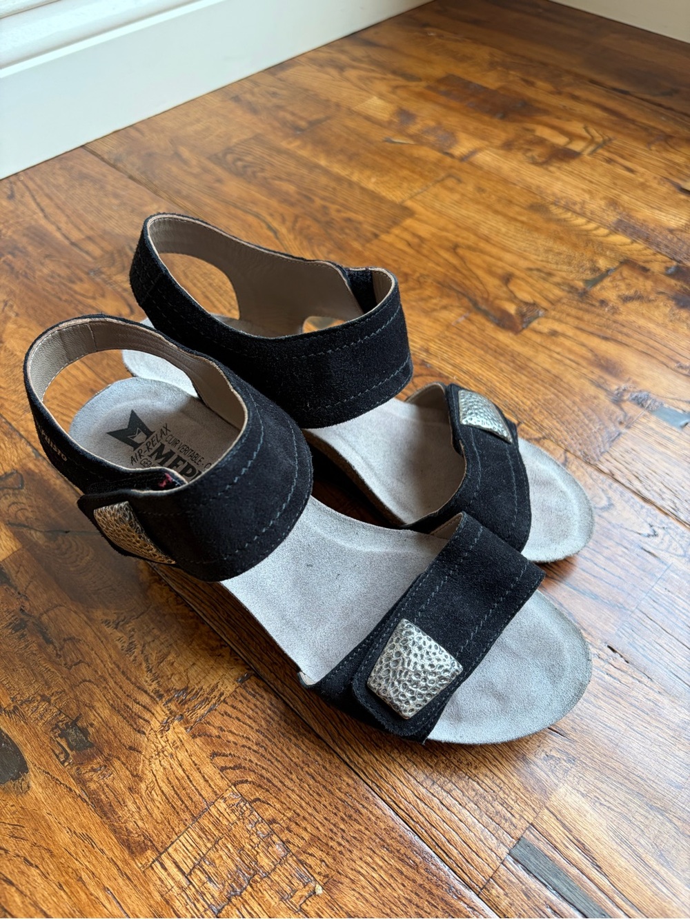 Mephisto Black Jackie Suede Wedge Sandals with Metallic Accent